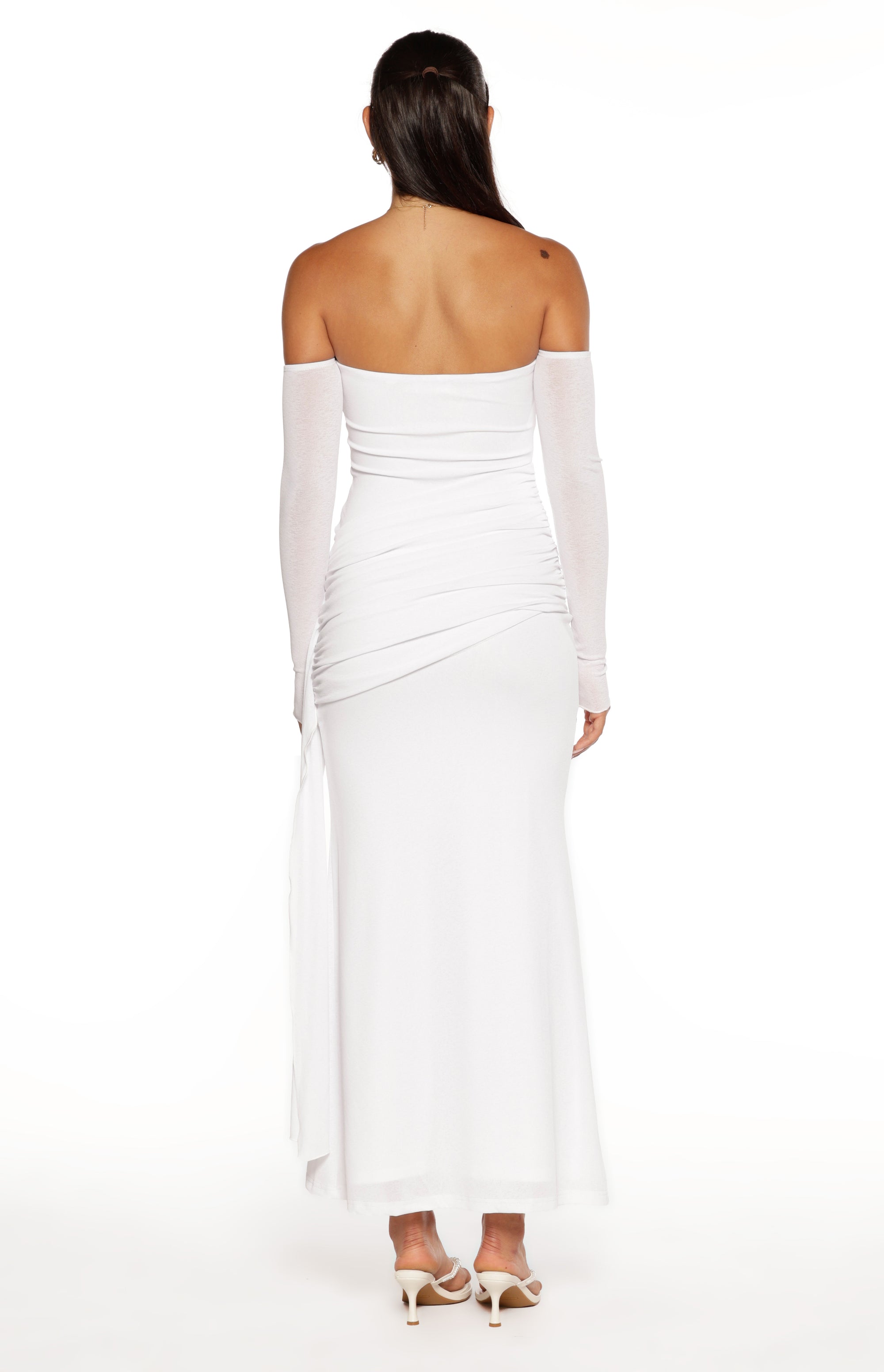 Breanna White Long Sleeve Ruched Maxi Dress Image