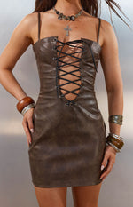 Britany Vintage Brown PU Lace Up Mini Dress Image