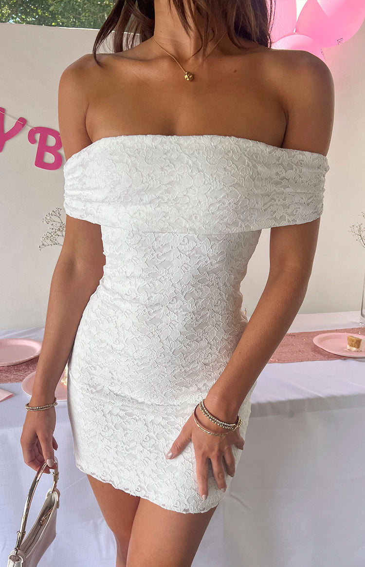 Beginning Boutique Britney White Lace Off The Shoulder Mini Dress white lace off-shoulder ruched mini dress