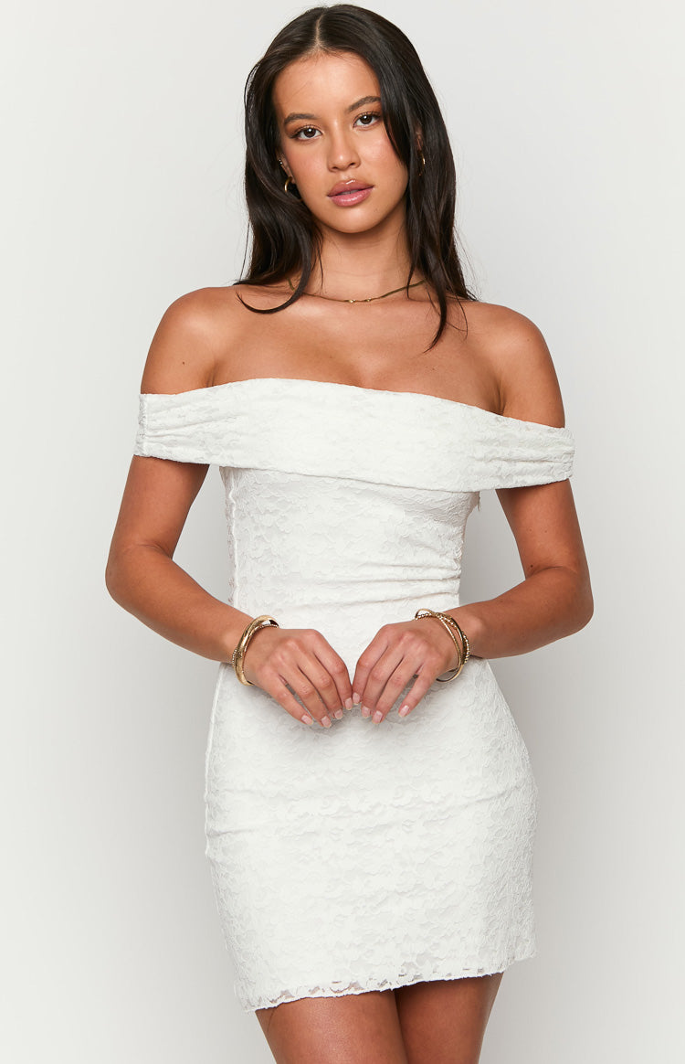White lace off-the-shoulder mini dress with a folded band neckline and fitted bodycon silhouette
