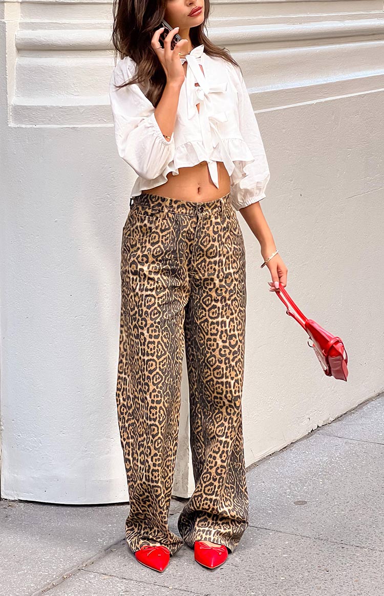 Brunet leopard print straight leg jeans with a relaxed fit and full length silhouette