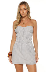 Strapless blue and white striped mini dress with sweetheart neckline and ruched bodice