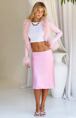 Pink satin midi skirt with a sleek, straight fit and a subtle sheen