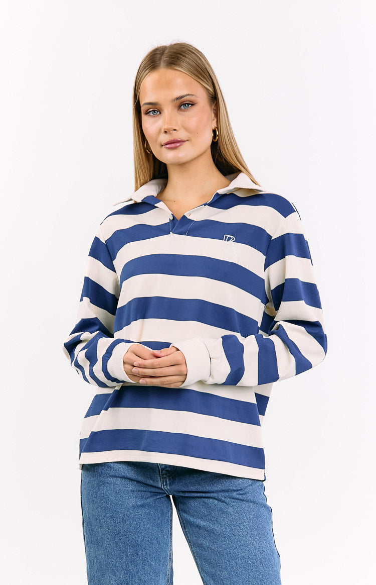 Beginning Boutique Carey Blue Striped Jersey blue and cream striped long sleeve collared jersey top with button placket and relaxed fit