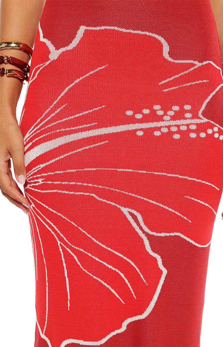 Carly Red Knit Hibiscus Print Maxi Dress - PRE ORDER Image