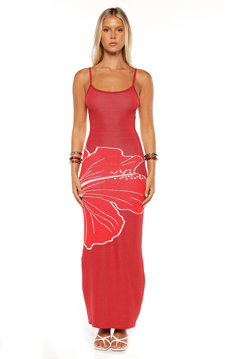 Carly Red Knit Hibiscus Print Maxi Dress - PRE ORDER Image