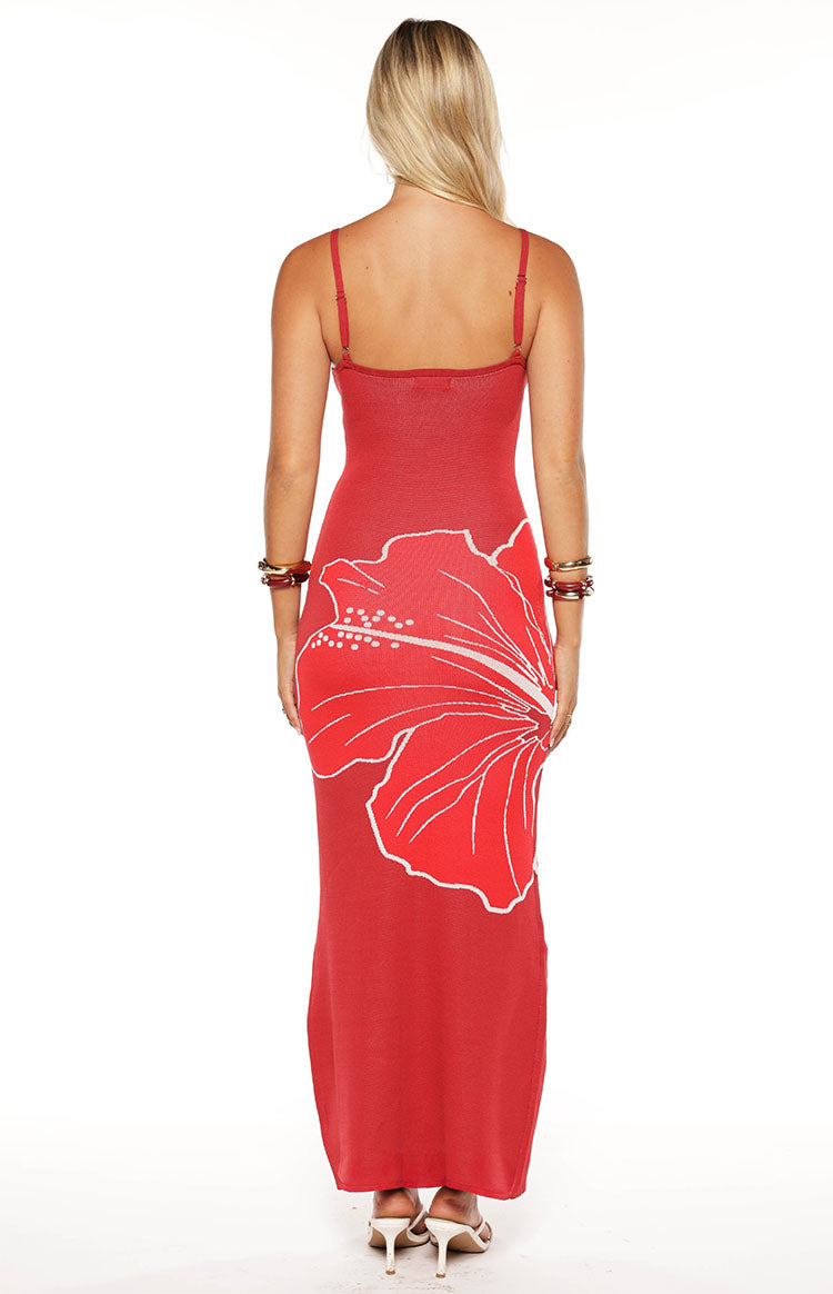 Carly Red Knit Hibiscus Print Maxi Dress - PRE ORDER Image