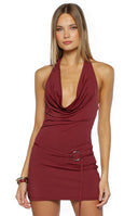 Carrie Burgundy Cowl Neck Belt Mini Dress