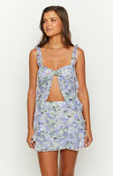 Purple and white floral chiffon top with tie around style at bust and front open cut style 