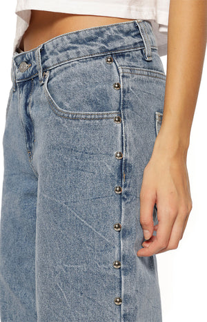 Charli Mid Wash Denim Studded Low Waist Baggy Leg Jeans