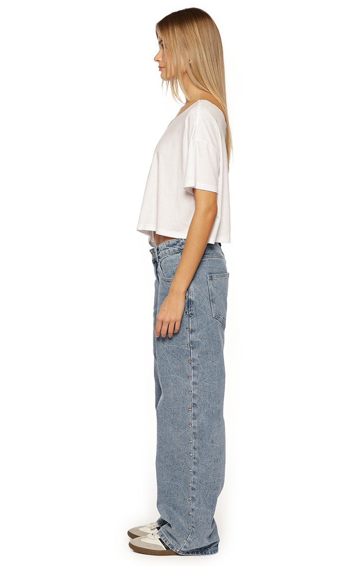 Charli Mid Wash Denim Studded Low Waist Baggy Leg Jeans Image