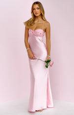 Pink satin maxi dress with a ruched sweetheart bust and delicate floral beading