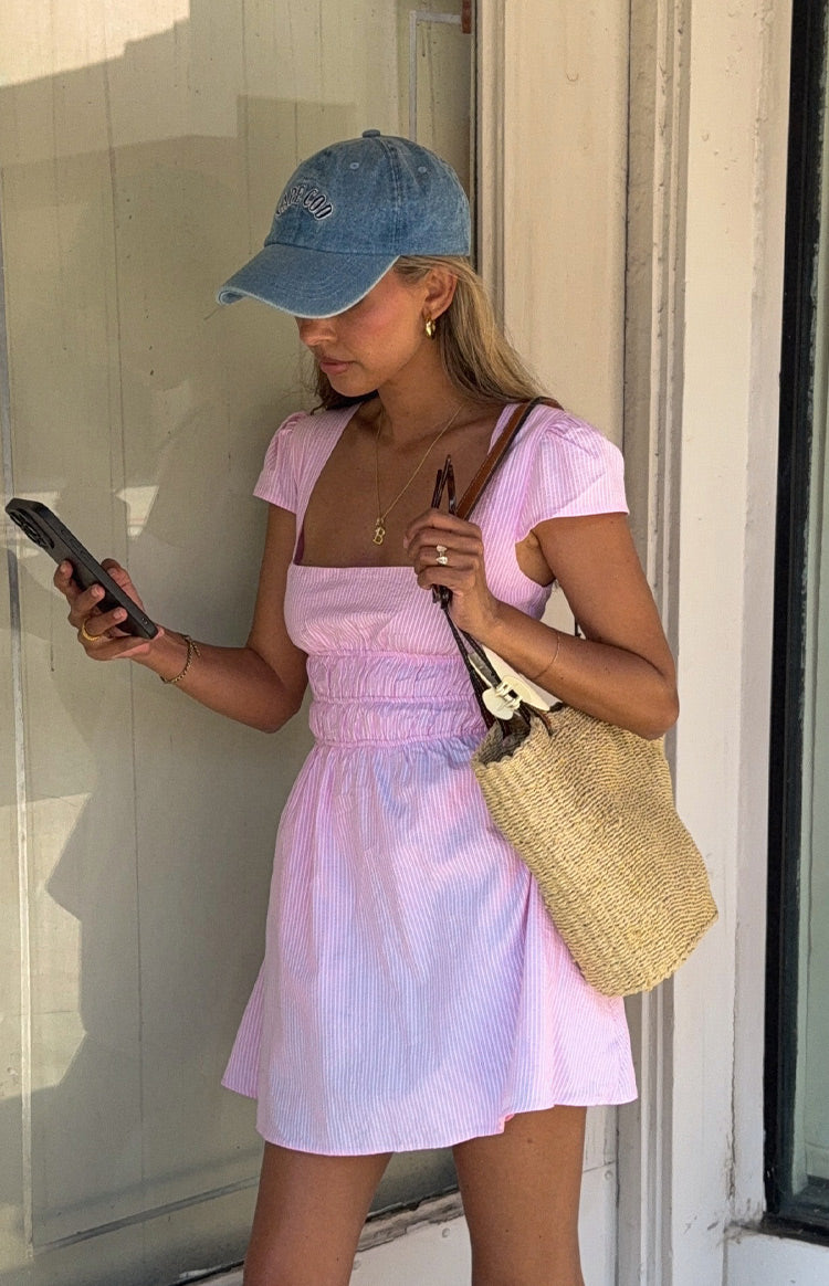 Beginning Boutique Clairo Light Pink Stripe Cap Sleeve Mini Dress light pink and white stripe square neck cap sleeve mini dress with shirred waist