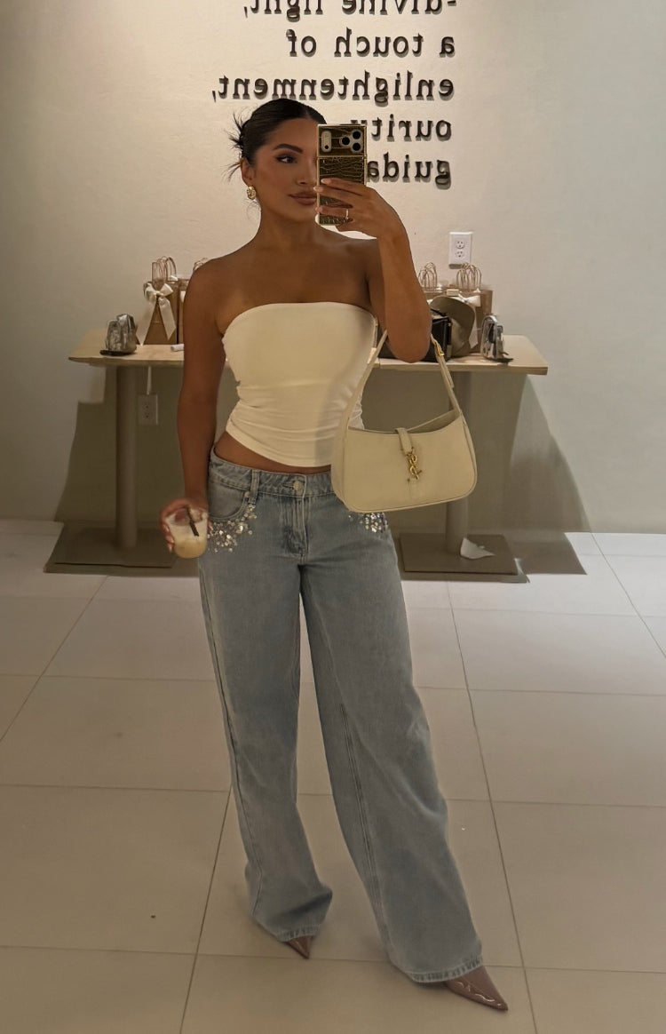 Beginning Boutique Clara Sequin Light Wash Denim Low Rise Jeans light wash denim low rise wide leg jeans with sequin embellis