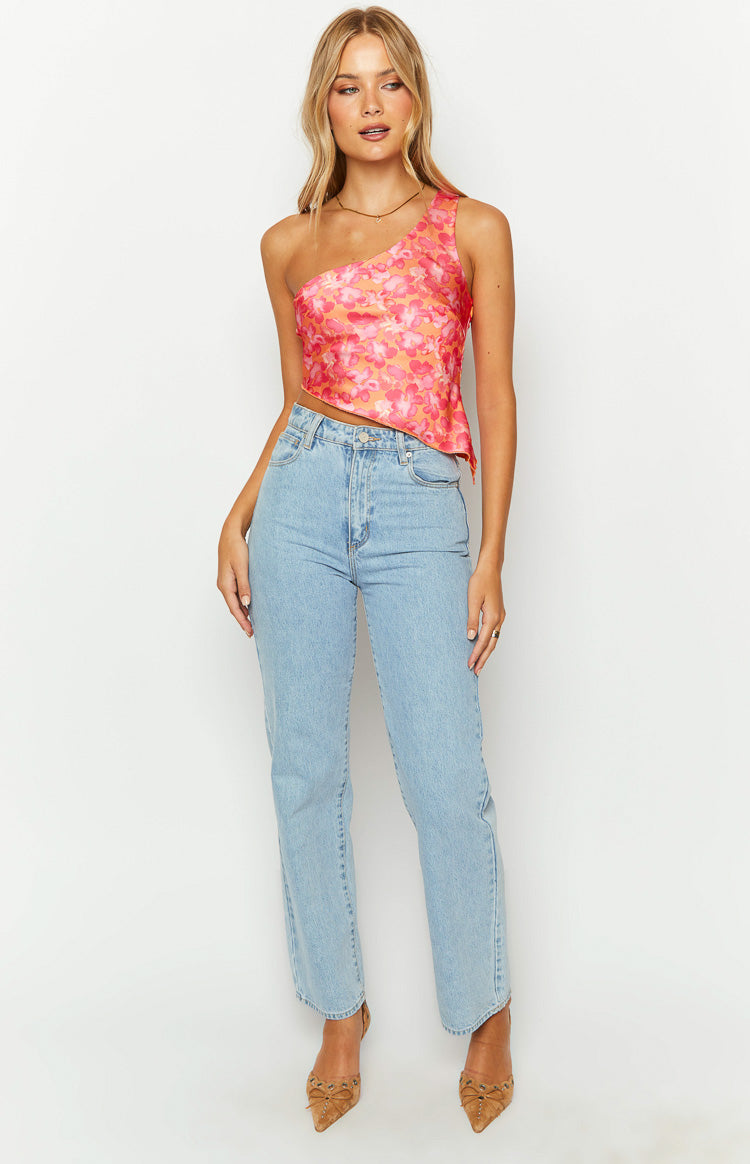 Beginning Boutique Claudi Orange And Pink Satin One Shoulder Top orange and pink floral satin one shoulder crop top with asymmetric hem