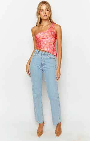 Beginning Boutique Claudi Orange And Pink Satin One Shoulder Top orange and pink floral satin one shoulder crop top with asymmetric hem