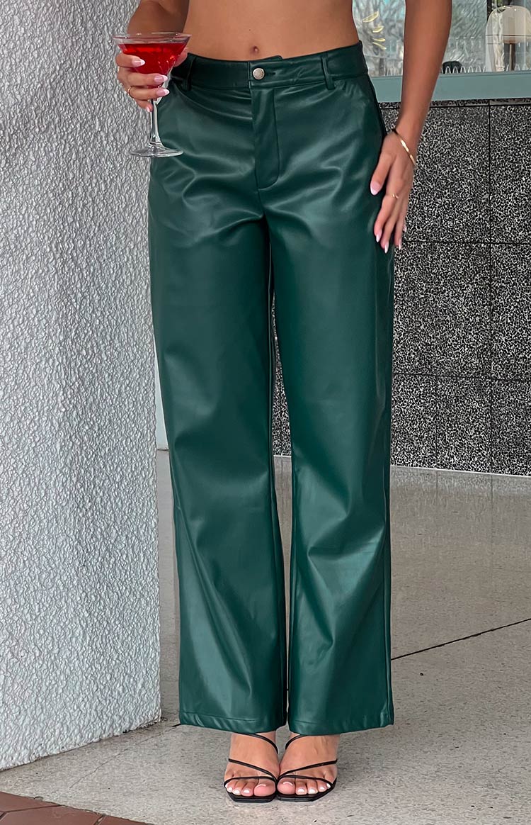 Beginning Boutique Cool Shade Forest Green PU Pants forest green PU high-waisted wide-leg pants with button closure