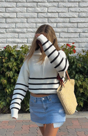 Beginning Boutique Copenhagen Cream Stripe Quarter Zip Knit Jumper cream ribbed knit cropped quarter zip jumper with black horizontal stripes