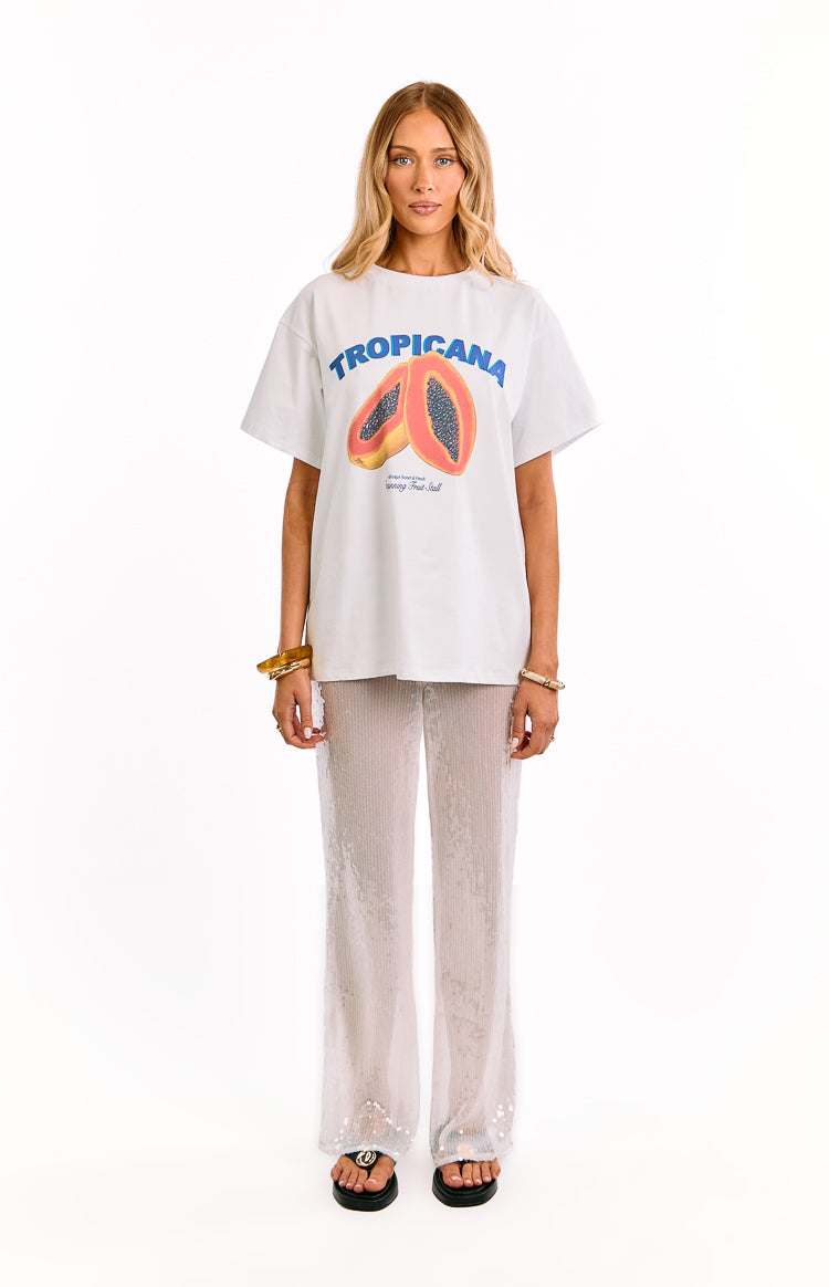 Full length front view of white sequin wide-leg pants with a subtle vertical stripe pattern