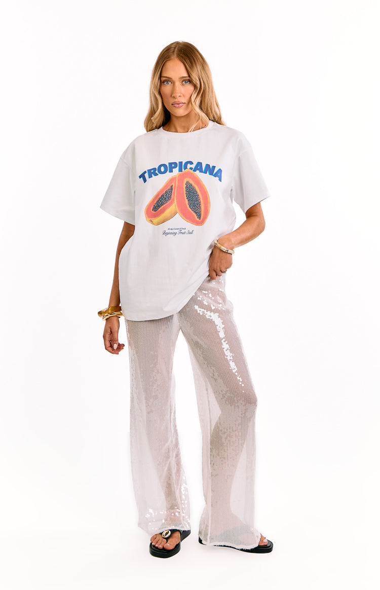 Sheer white sequin wide-leg pants with a relaxed fit