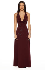 Corey Burgundy Beaded Crepe Maxi Dress Image