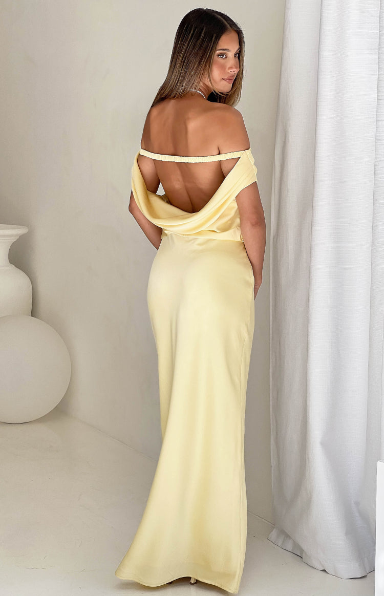 Beginning Boutique Corina Yellow Satin Formal Maxi Dress yellow satin off-shoulder cowl back maxi dress with an elasticated s