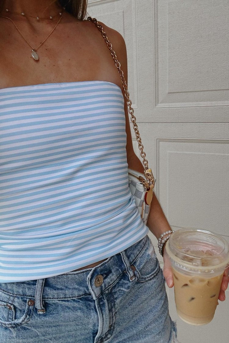 Beginning Boutique Daisy Blue Striped Tube Top blue and white striped strapless fitted knit tube top