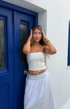 Beginning Boutique Dakota White Strapless Top white strapless crop top with lace trim and corset lace-up front