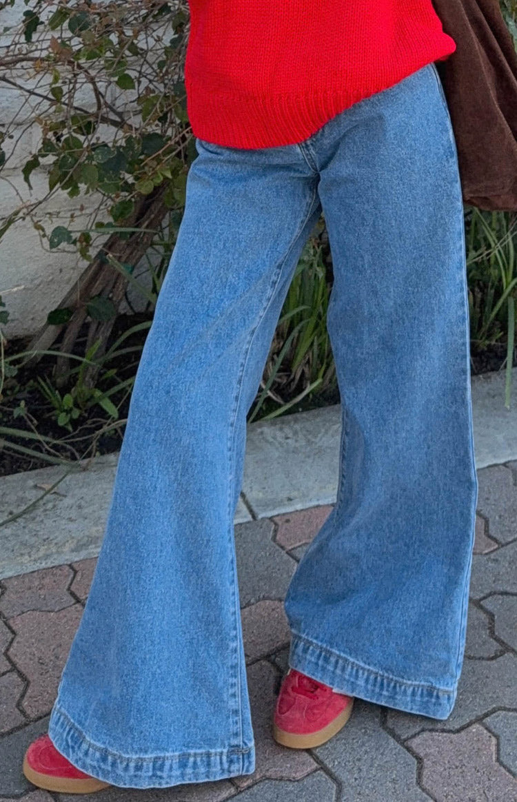 Beginning Boutique Dandy Mid Wash Denim Flare Jeans mid wash blue denim high waist wide leg flare jeans