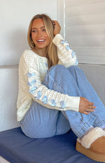 Darling White Knit Blue Ribbon Sweater Image
