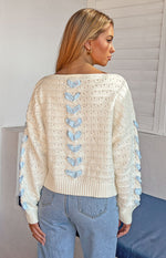 Darling White Knit Blue Ribbon Sweater Image