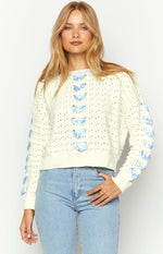 Darling White Knit Blue Ribbon Sweater Image