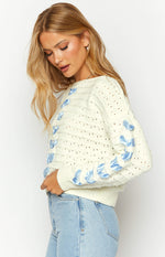 Darling White Knit Blue Ribbon Sweater Image