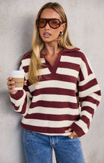 Daze Burgundy Stripe Polo Knit Sweater Image