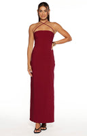 Beginning Boutique Del Mar Burgundy Crepe Formal Maxi Dress burgundy crepe strapless maxi dress with criss-cross straps
