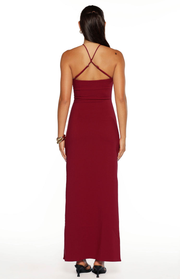 Del Mar Burgundy Crepe Formal Maxi Dress Image
