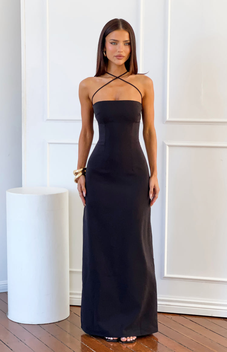 Black crepe maxi dress featuring a strapless bodice and thin criss-cross halter straps