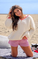 Delvey Cream And Red Contrast Stitch Chunky Knit Sweater Image