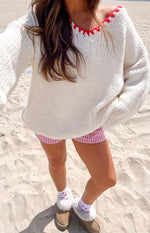 Delvey Cream And Red Contrast Stitch Chunky Knit Sweater Image