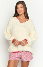 Delvey Cream And Red Contrast Stitch Chunky Knit Sweater Image