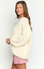Delvey Cream And Red Contrast Stitch Chunky Knit Sweater Image