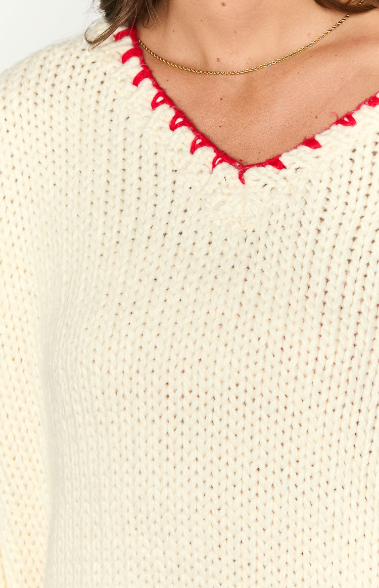 Delvey Cream And Red Contrast Stitch Chunky Knit Sweater Image