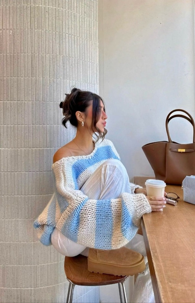Beginning Boutique Delvey Light Blue Striped Chunky Knit Sweater light blue and white striped chunky knit off-shoulder sweate