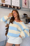 Beginning Boutique Delvey Light Blue Striped Chunky Knit Sweater light blue and white striped chunky knit off-shoulder sweate
