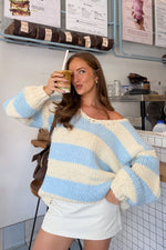 Beginning Boutique Delvey Light Blue Striped Chunky Knit Sweater cream and light blue striped chunky knit with wide V-neck an