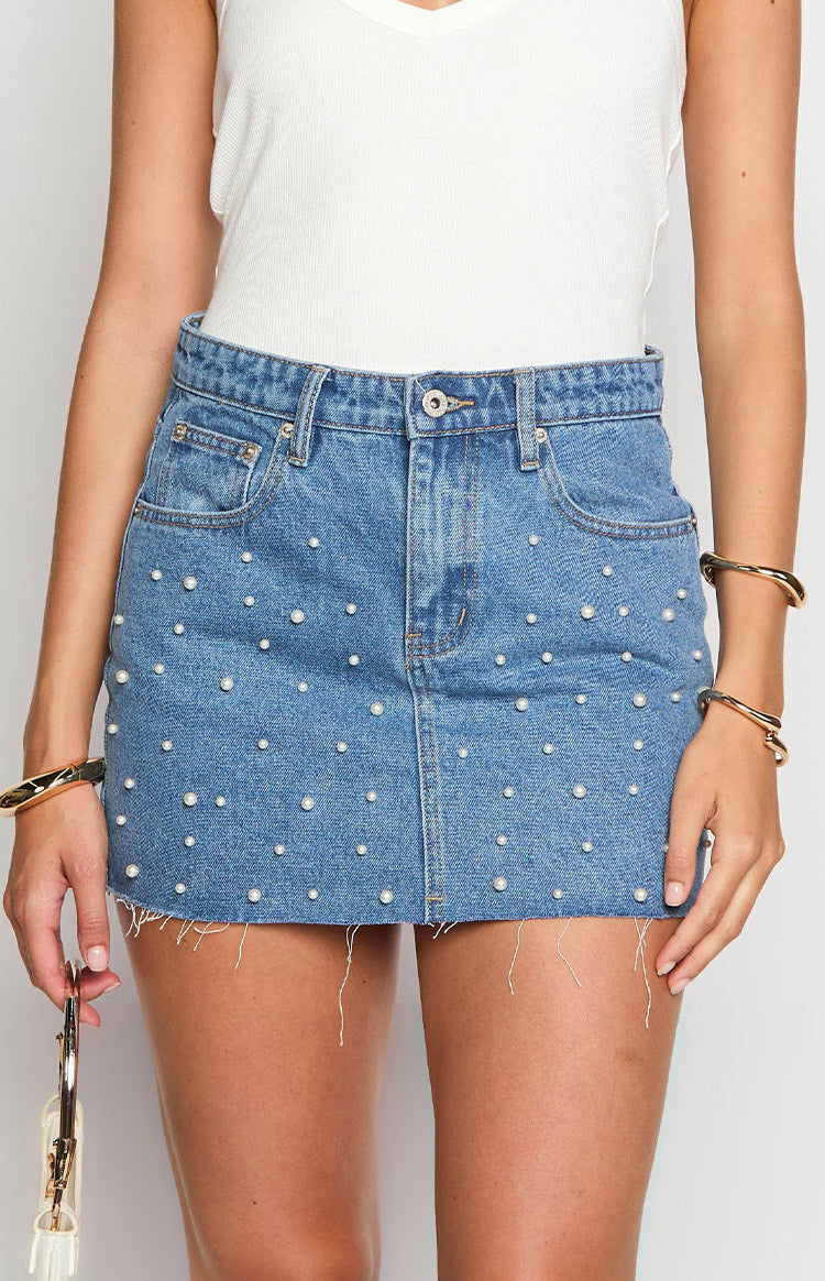 Denim Dazzle Pearl Mid Wash Mini Skirt Image