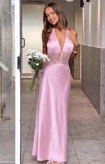 Divandi Pink Lace Halter Neck Formal Maxi Dress Image