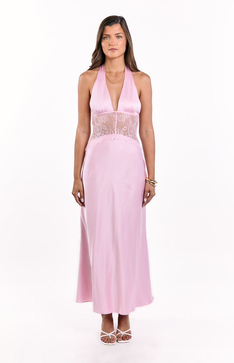 Pink satin halter neck maxi dress with a deep V-neckline and sheer lace panel on the bodice