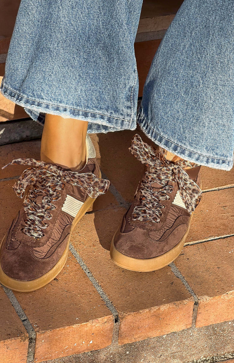Beginning Boutique Dixie Brown Leopard Lace Sneaker brown suede sneakers with leopard print ribbon laces and a chunky tan sol
