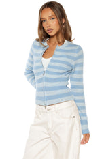 Dori Blue Boat Neck Zip Front Stripe Knit Sweater Image